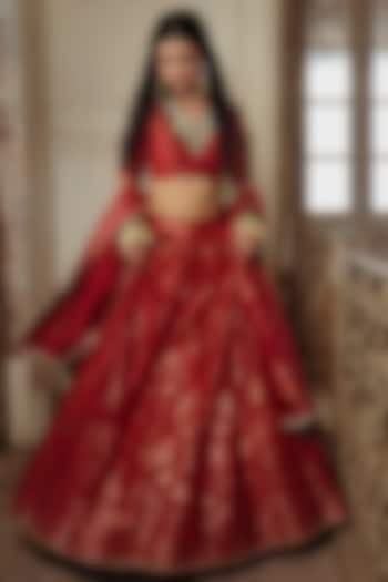 Bright Red Vegan Silk Floral Lehenga Set by Safaa