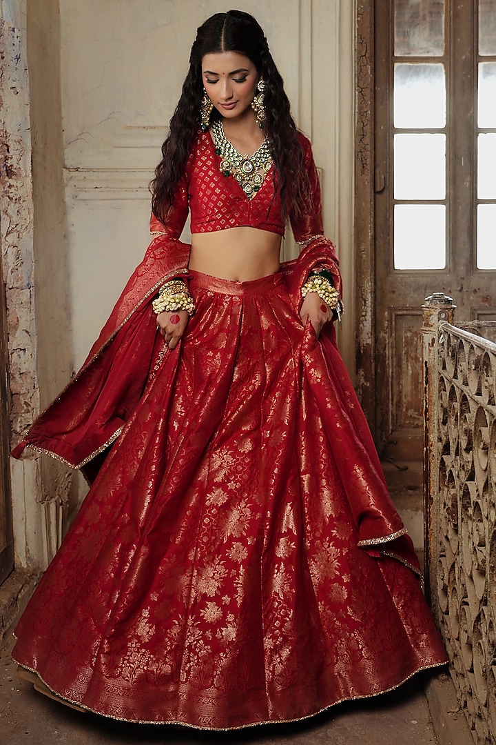 Bright Red Vegan Silk Floral Lehenga Set by Safaa