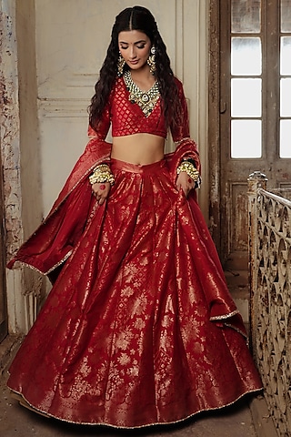Bright Red Vegan Silk Floral Lehenga Set by Safaa