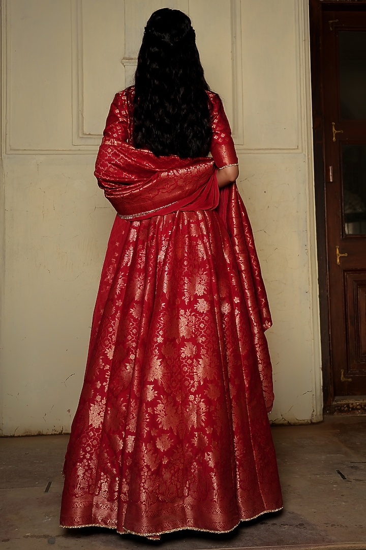 Bright Red Vegan Silk Floral Wedding Lehenga Set by Safaa at Pernia's Pop Up Shop