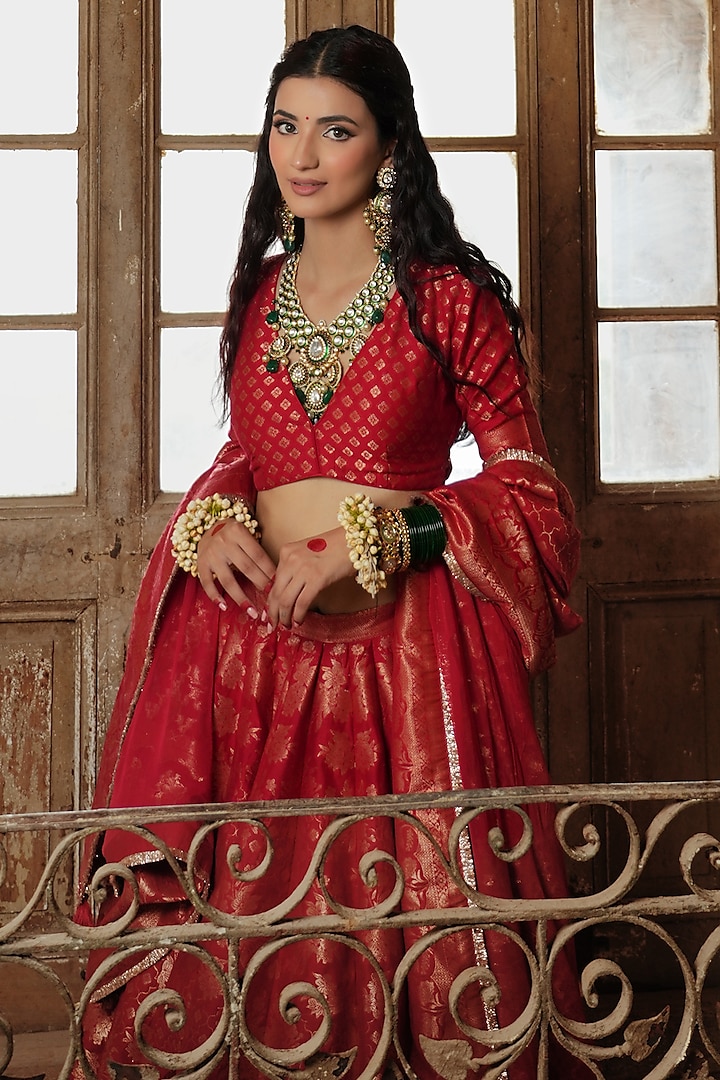 Bright Red Vegan Silk Floral Wedding Lehenga Set by Safaa at Pernia's Pop Up Shop