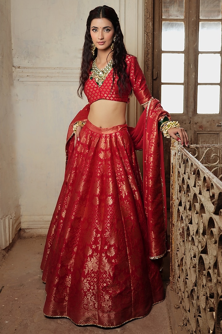 Bright Red Vegan Silk Floral Wedding Lehenga Set by Safaa at Pernia's Pop Up Shop