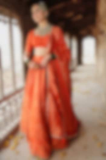 Orange Vegan Silk Self-Woven Wedding Lehenga Set by Safaa at Pernia's Pop Up Shop