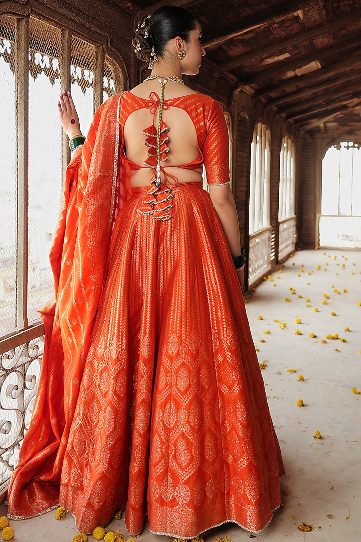 Orange Vegan Silk Self-Woven Wedding Lehenga Set by Safaa at Pernia's Pop Up Shop