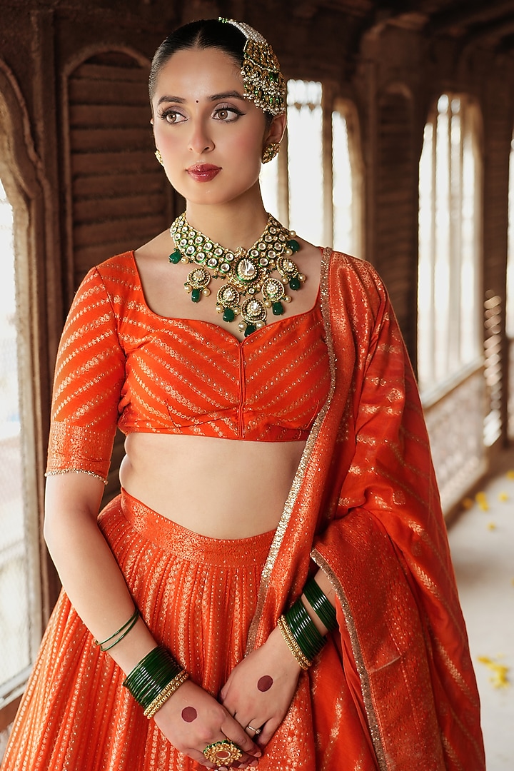 Orange Vegan Silk Self-Woven Wedding Lehenga Set by Safaa at Pernia's Pop Up Shop