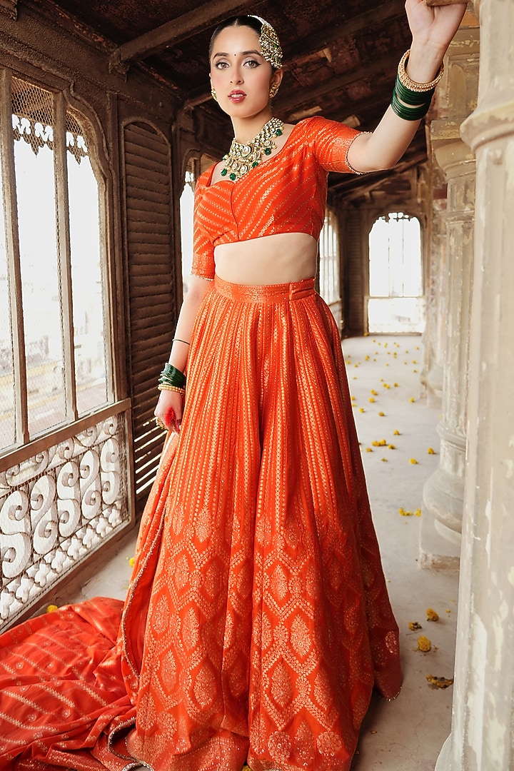 Orange Vegan Silk Self-Woven Wedding Lehenga Set by Safaa at Pernia's Pop Up Shop