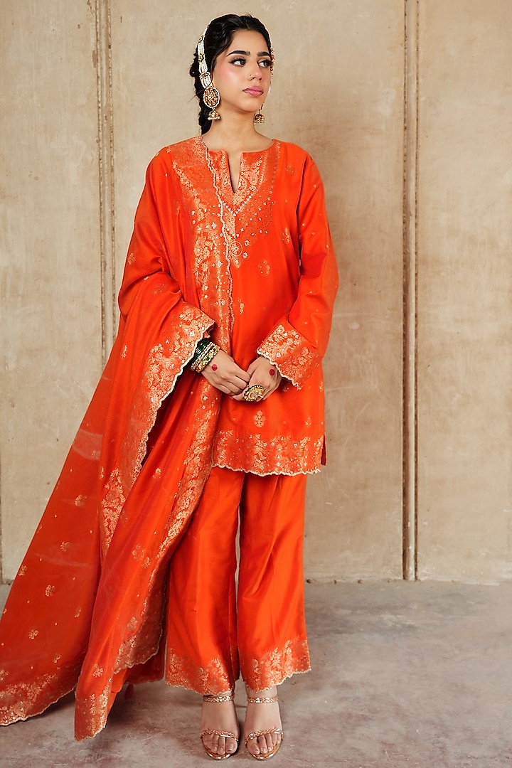 Orange Vegan Silk Straight Kurta Set by Safaa at Pernia's Pop Up Shop