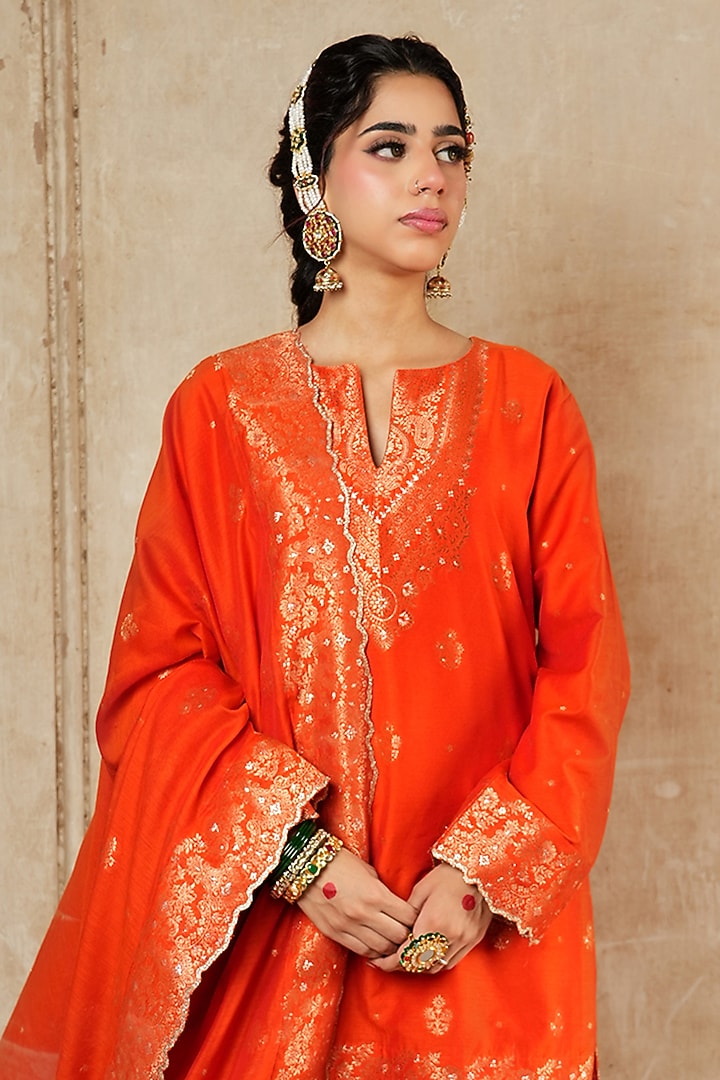 Orange Vegan Silk Straight Kurta Set by Safaa at Pernia's Pop Up Shop