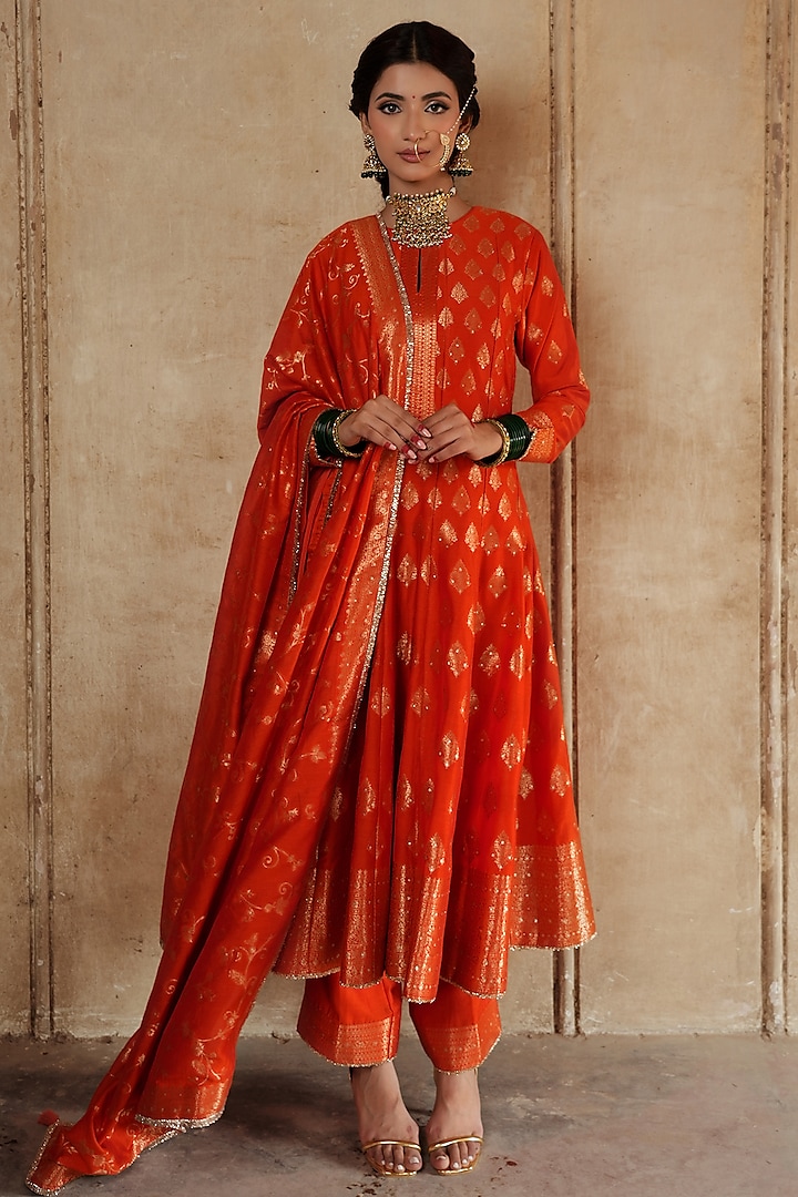 Orange Vegan Silk Anarkali Set by Safaa