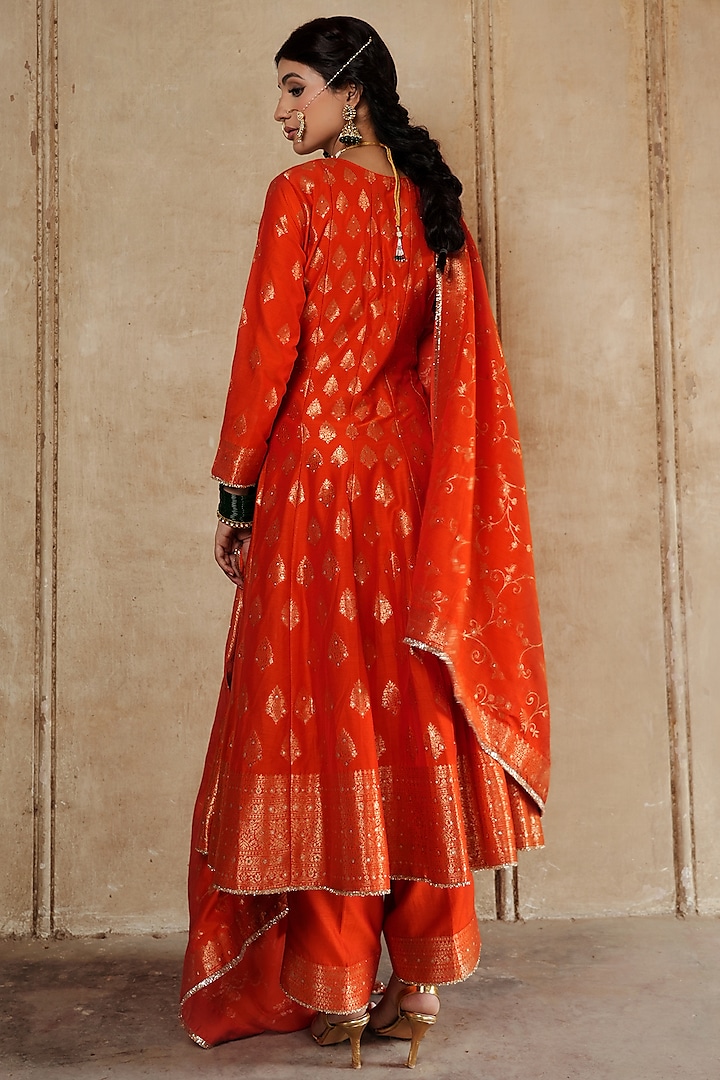 Orange Vegan Silk Wedding Anarkali Set by Safaa at Pernia's Pop Up Shop