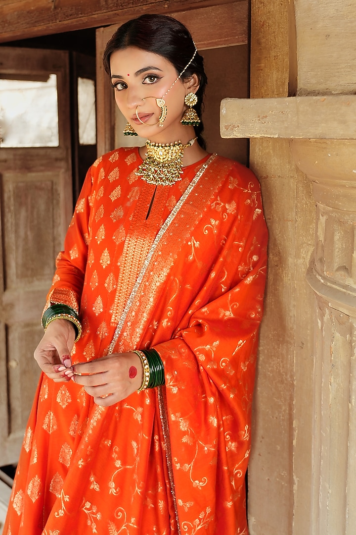 Orange Vegan Silk Wedding Anarkali Set by Safaa at Pernia's Pop Up Shop