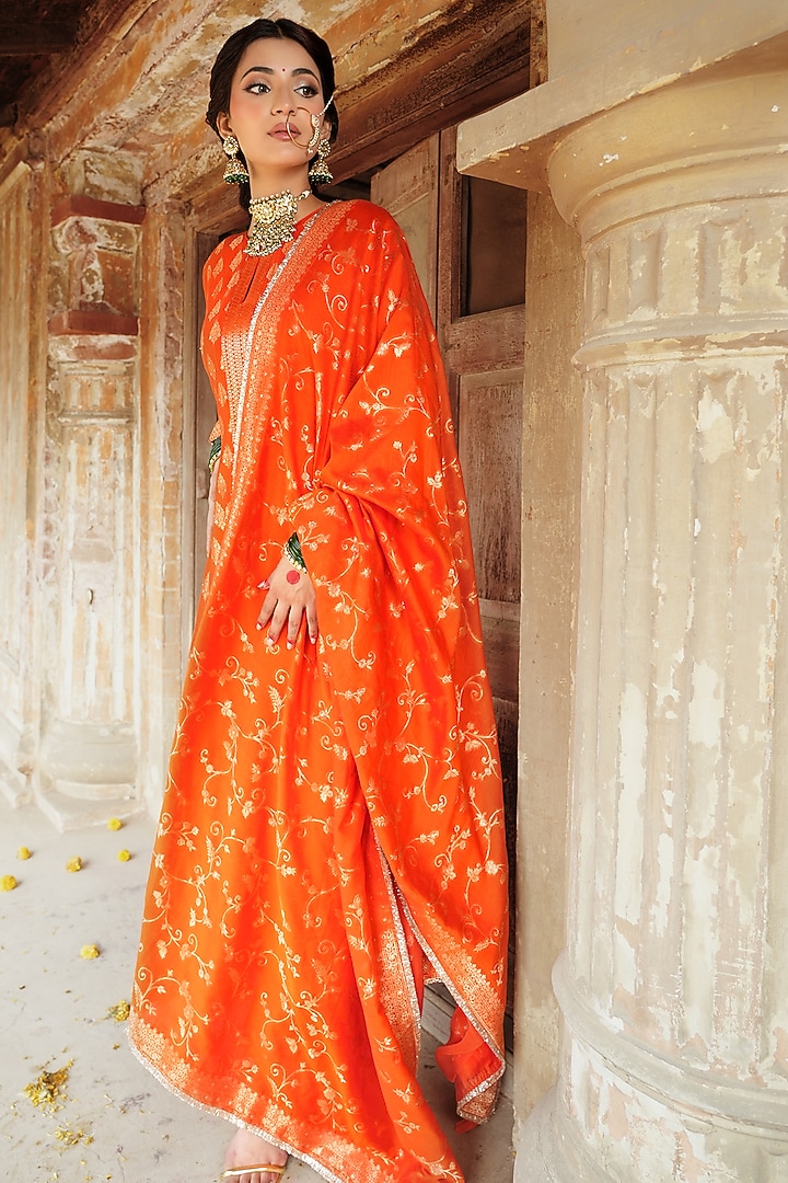 Orange Vegan Silk Wedding Anarkali Set by Safaa at Pernia's Pop Up Shop
