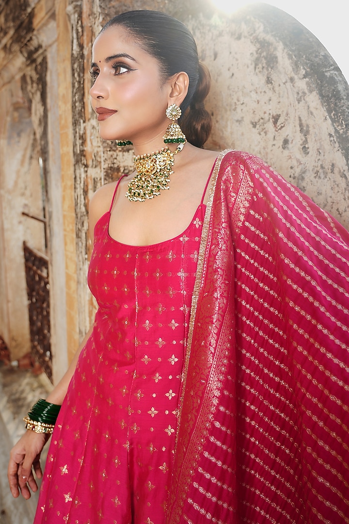 Magenta Vegan Silk Spaghetti Wedding Anarkali Set by Safaa at Pernia's Pop Up Shop