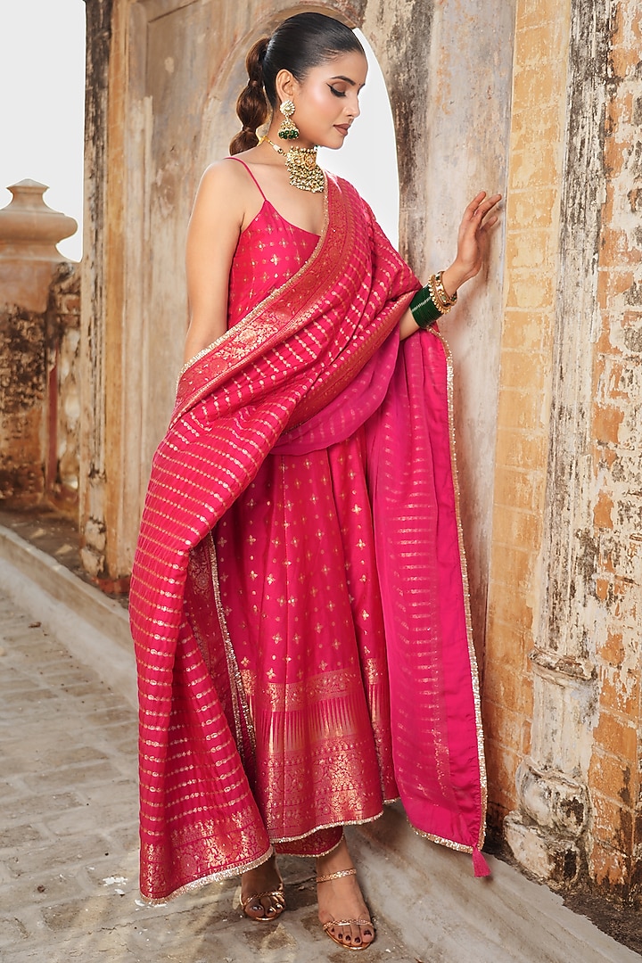 Magenta Vegan Silk Spaghetti Wedding Anarkali Set by Safaa at Pernia's Pop Up Shop