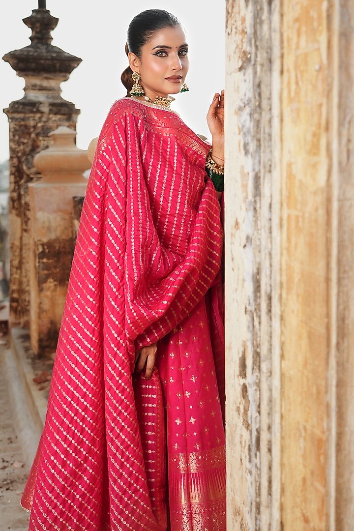 Magenta Vegan Silk Spaghetti Wedding Anarkali Set by Safaa at Pernia's Pop Up Shop