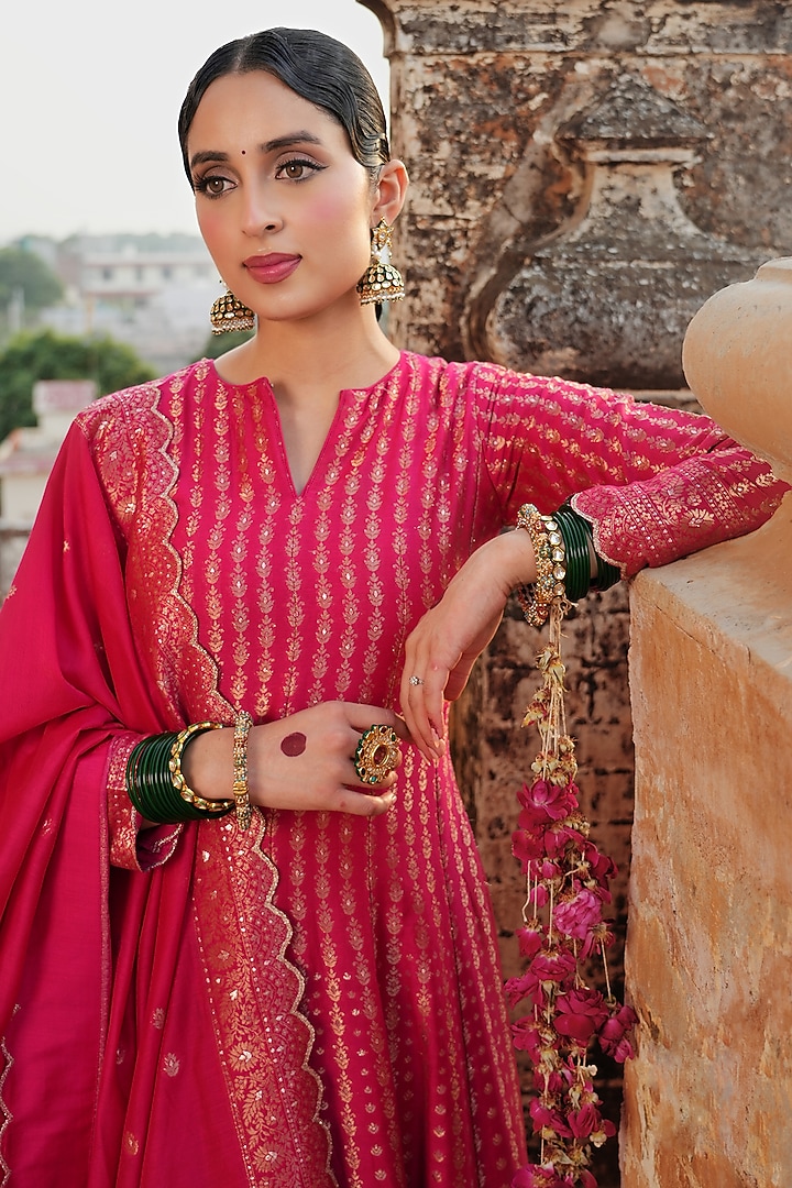Magenta Vegan Silk Zari Wedding Anarkali Set by Safaa at Pernia's Pop Up Shop