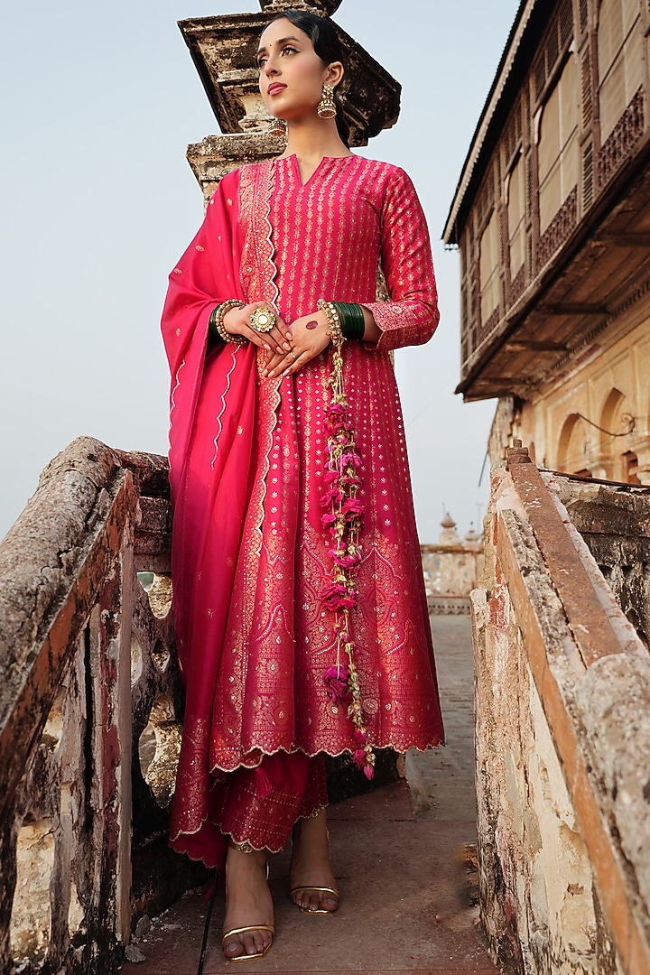 Magenta Vegan Silk Zari Wedding Anarkali Set by Safaa at Pernia's Pop Up Shop