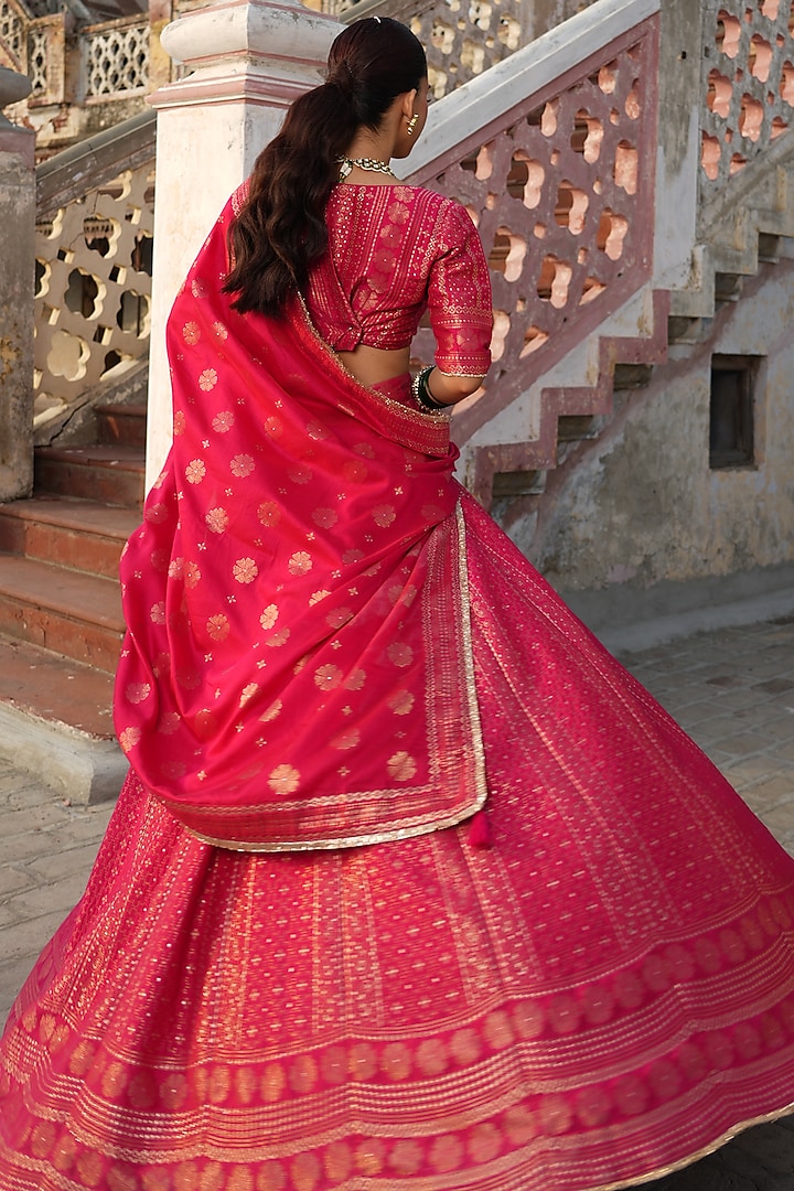 Magenta Vegan Silk Striped Woven Wedding Lehenga Set by Safaa at Pernia's Pop Up Shop