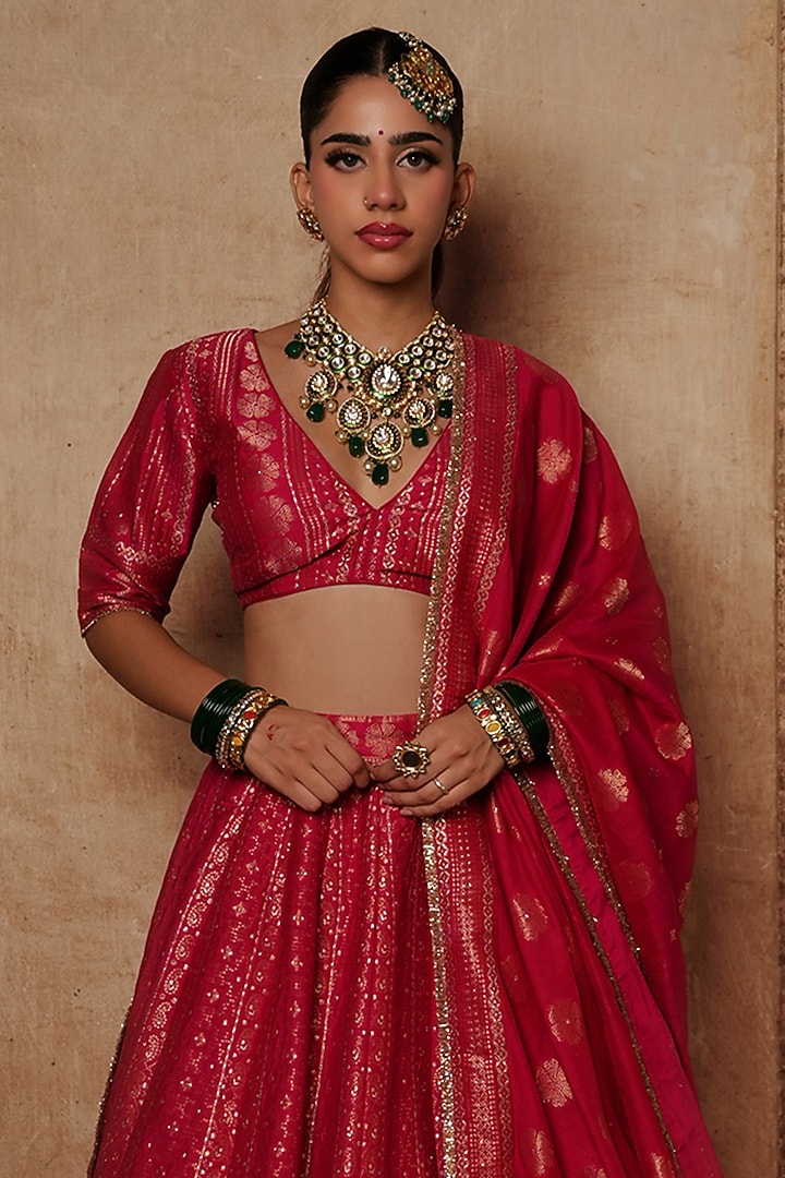 Magenta Vegan Silk Striped Woven Wedding Lehenga Set by Safaa at Pernia's Pop Up Shop