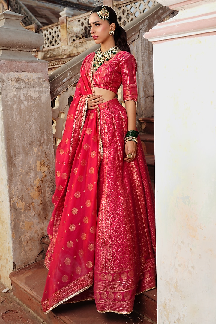 Magenta Vegan Silk Striped Woven Wedding Lehenga Set by Safaa at Pernia's Pop Up Shop