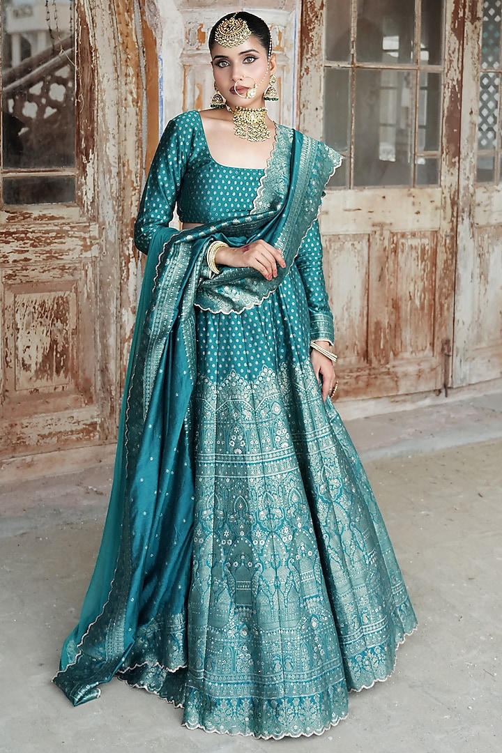 Turquoise Vegan Silk Zari Work Lehenga Set by Safaa