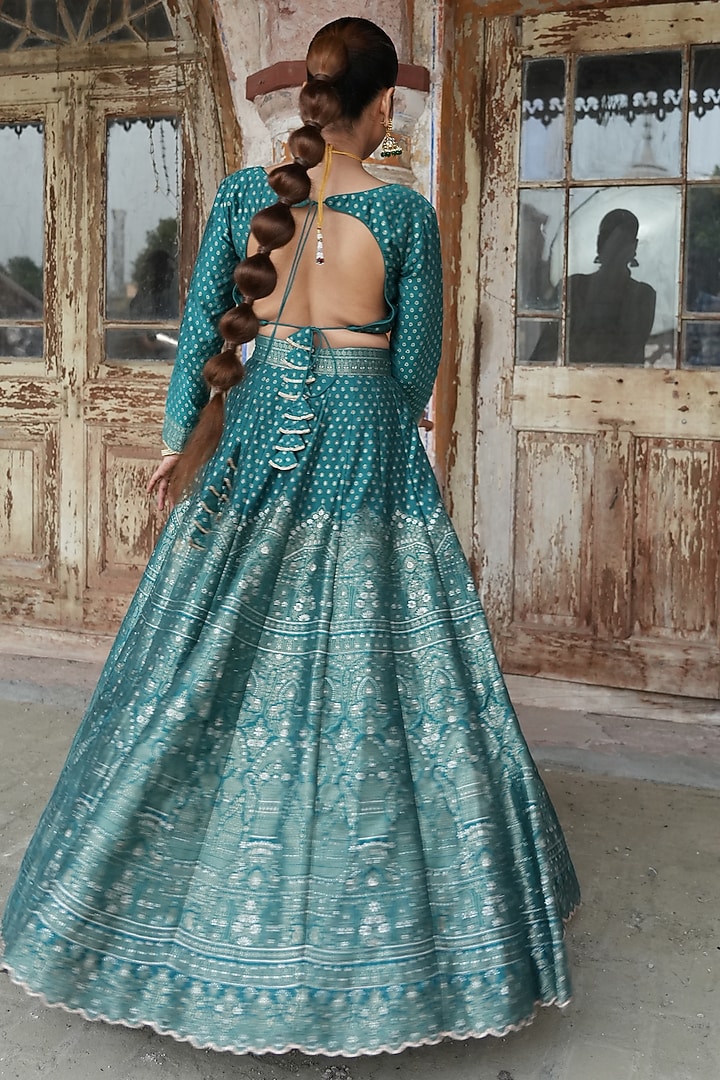 Turquoise Vegan Silk Zari Work Wedding Lehenga Set by Safaa at Pernia's Pop Up Shop