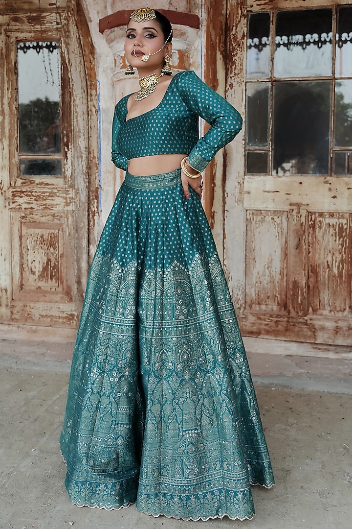 Turquoise Vegan Silk Zari Work Wedding Lehenga Set by Safaa at Pernia's Pop Up Shop