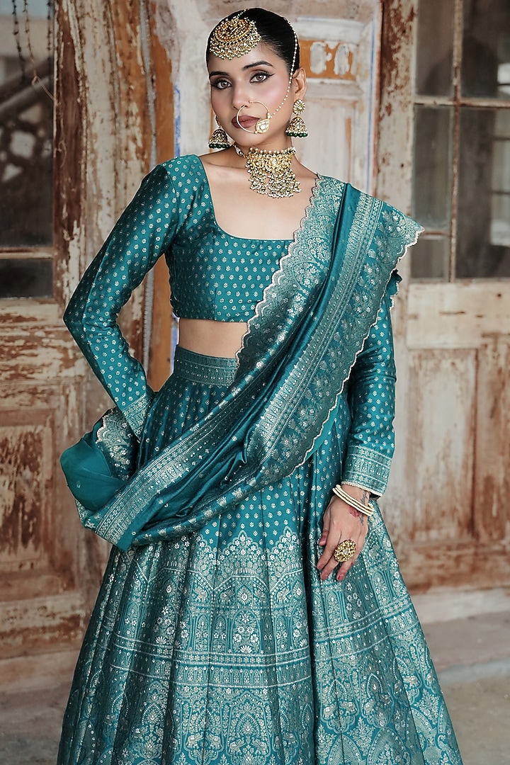 Turquoise Vegan Silk Zari Work Wedding Lehenga Set by Safaa at Pernia's Pop Up Shop