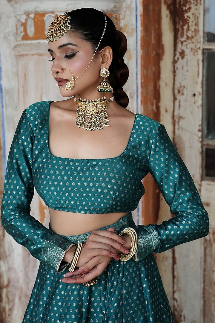 Turquoise Vegan Silk Zari Work Wedding Lehenga Set by Safaa at Pernia's Pop Up Shop