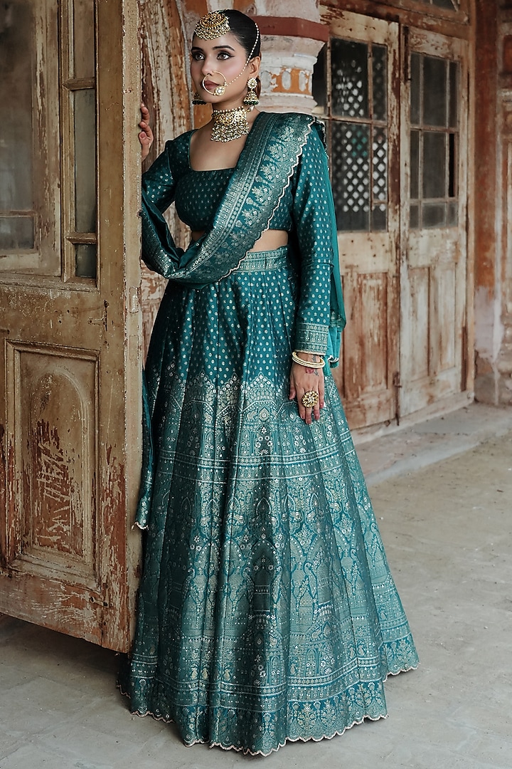 Turquoise Vegan Silk Zari Work Wedding Lehenga Set by Safaa at Pernia's Pop Up Shop