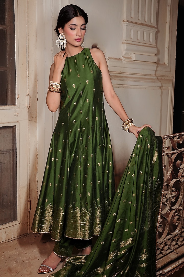 Forest Green Vegan Silk Anarkali Set by Safaa