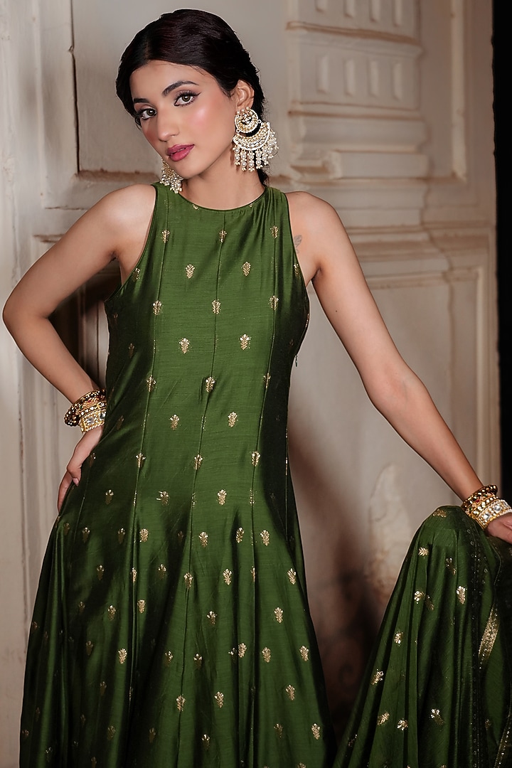 Forest Green Vegan Silk Wedding Anarkali Set by Safaa at Pernia's Pop Up Shop