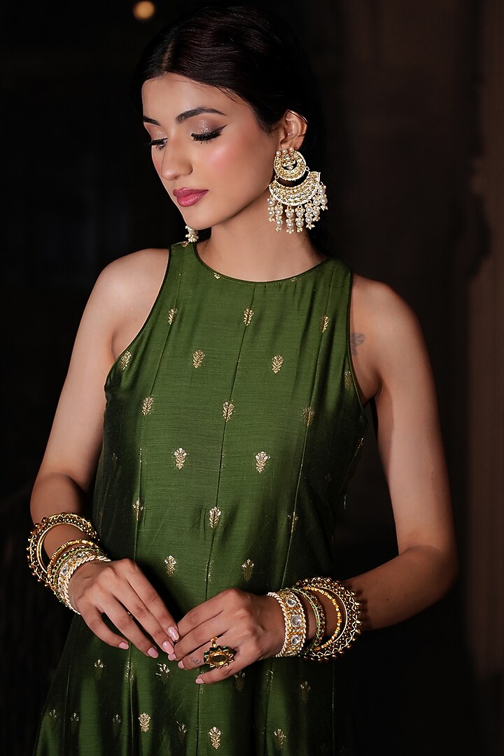 Forest Green Vegan Silk Wedding Anarkali Set by Safaa at Pernia's Pop Up Shop