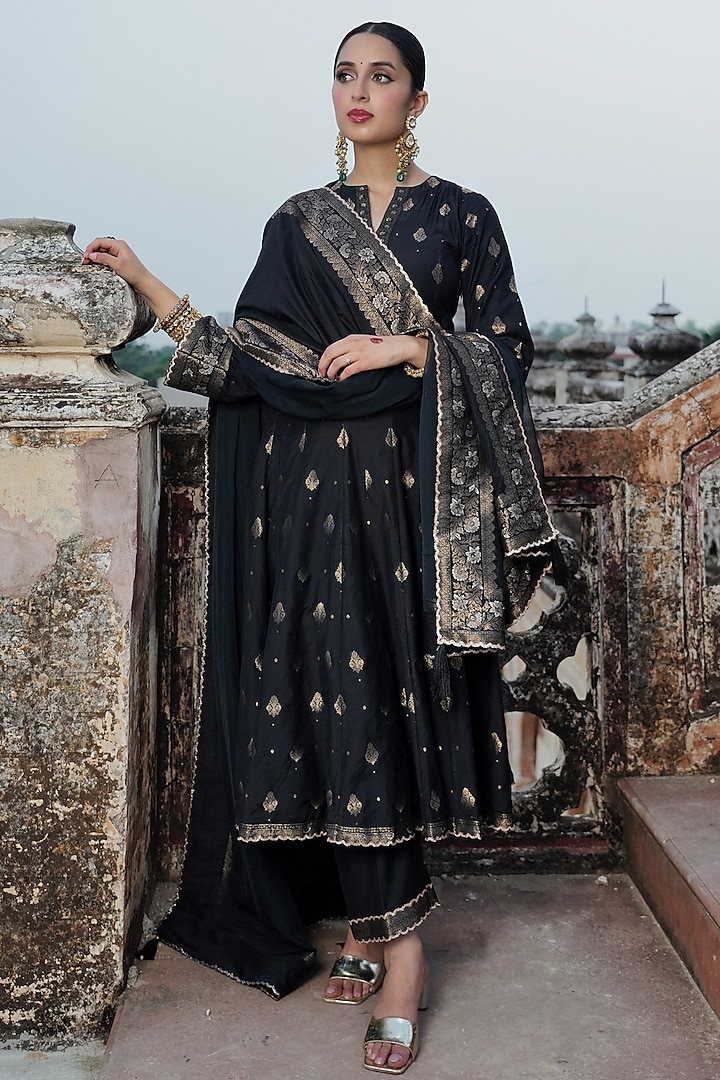 Black Vegan Silk Embroidered Self-Woven Anarkali Set by Safaa