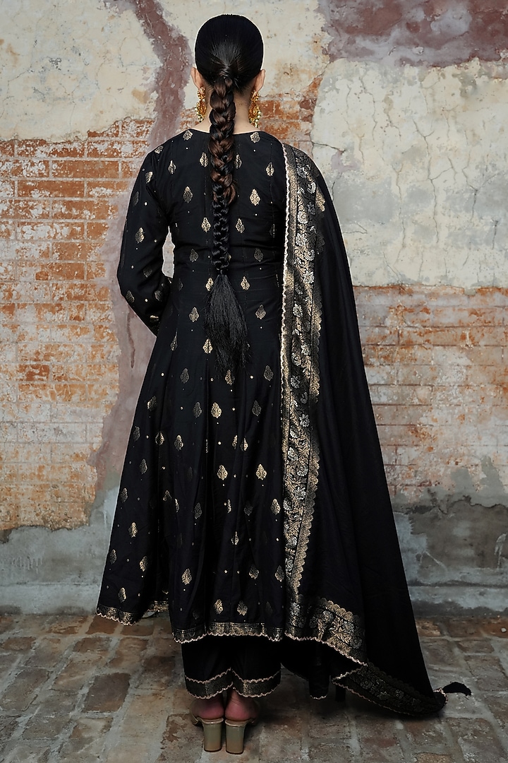 Black Vegan Silk Embroidered Self-Woven Wedding Anarkali Set by Safaa at Pernia's Pop Up Shop