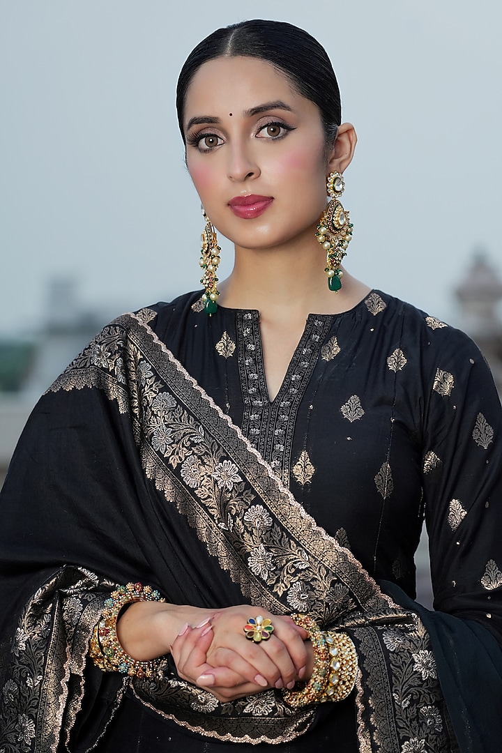 Black Vegan Silk Embroidered Self-Woven Wedding Anarkali Set by Safaa at Pernia's Pop Up Shop