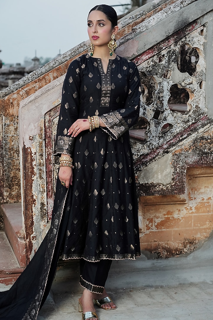 Black Vegan Silk Embroidered Self-Woven Wedding Anarkali Set by Safaa at Pernia's Pop Up Shop