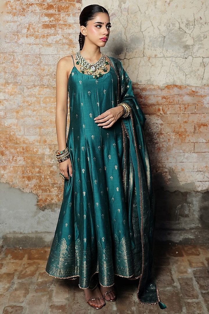 Turquoise Vegan Silk Anarkali Set by Safaa