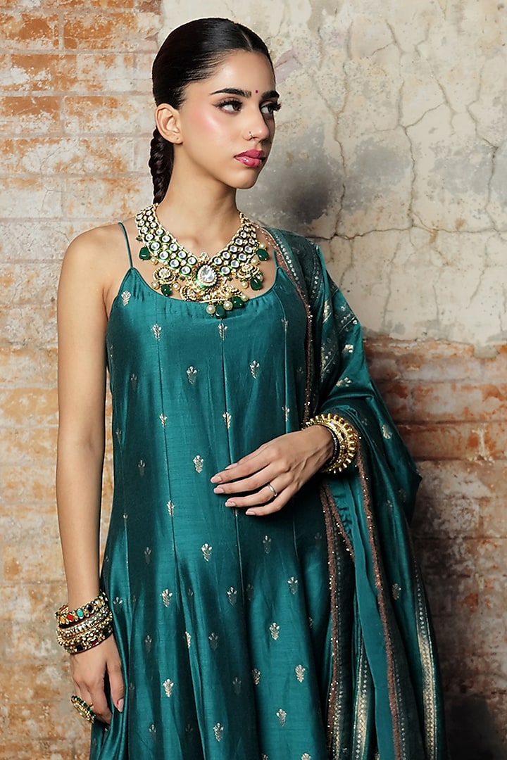 Turquoise Vegan Silk Wedding Anarkali Set by Safaa at Pernia's Pop Up Shop
