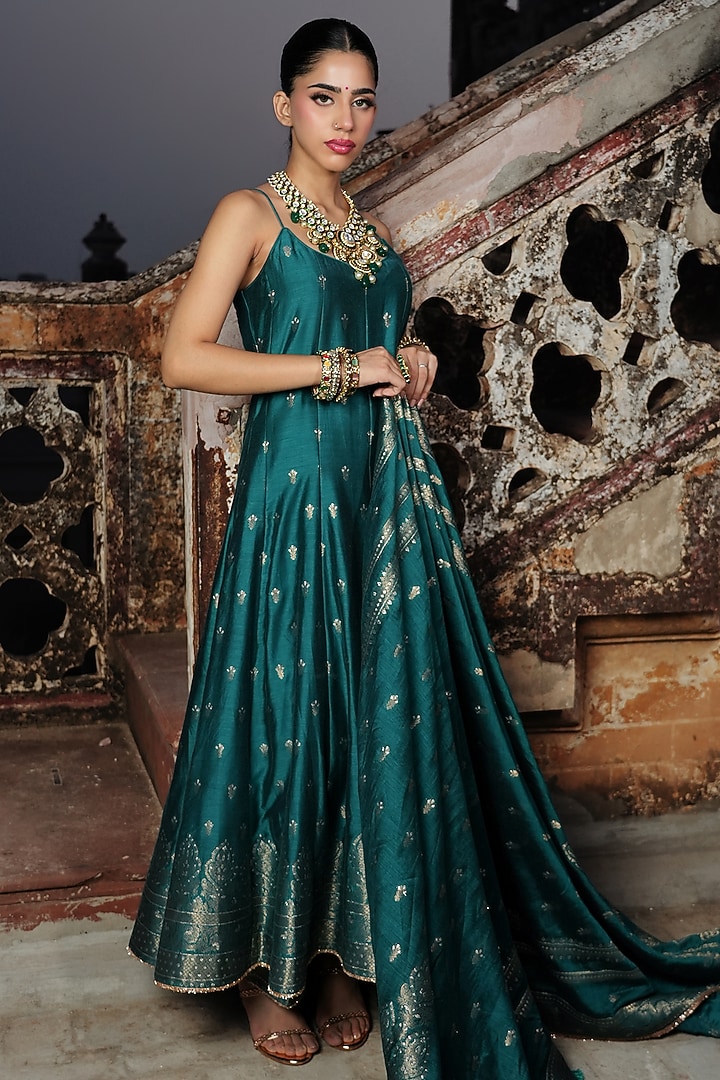 Turquoise Vegan Silk Wedding Anarkali Set by Safaa at Pernia's Pop Up Shop