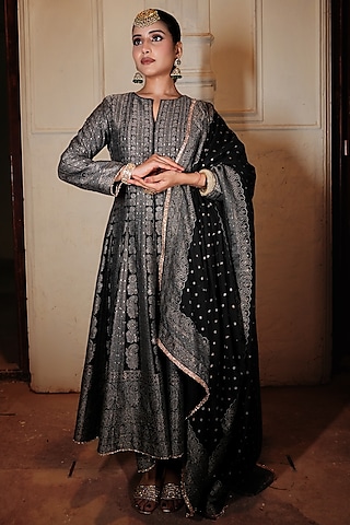 Black Vegan Silk Self-Woven Chikankari Anarkali Set by Safaa