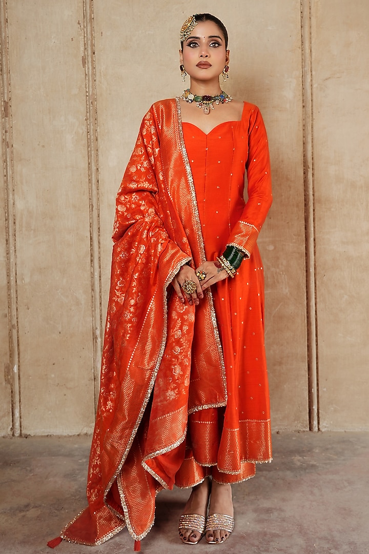 Orange Vegan Silk Woven Anarkali Set by Safaa