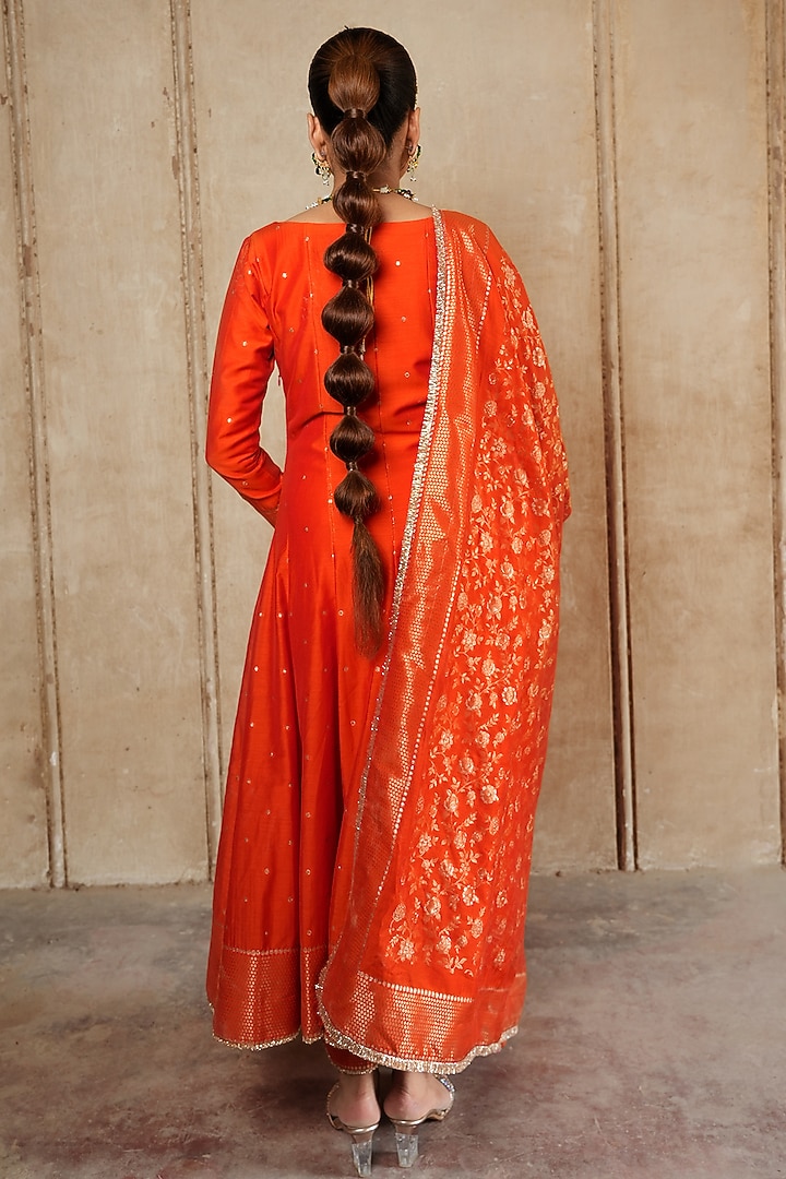 Orange Vegan Silk Woven Wedding Anarkali Set by Safaa at Pernia's Pop Up Shop