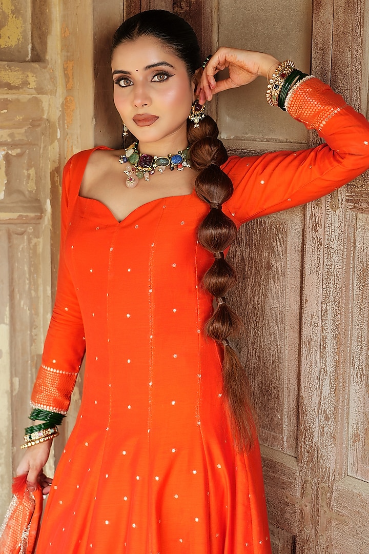 Orange Vegan Silk Woven Wedding Anarkali Set by Safaa at Pernia's Pop Up Shop