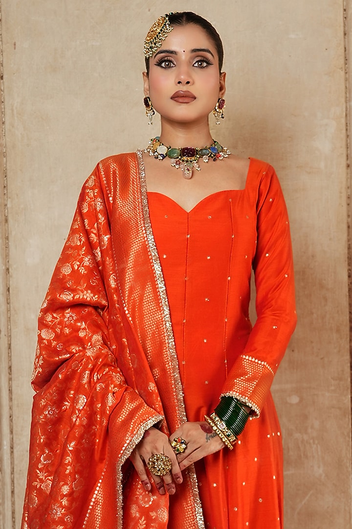 Orange Vegan Silk Woven Wedding Anarkali Set by Safaa at Pernia's Pop Up Shop