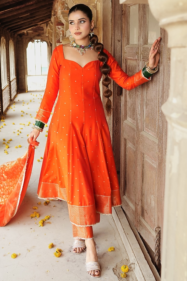 Orange Vegan Silk Woven Wedding Anarkali Set by Safaa at Pernia's Pop Up Shop