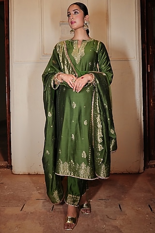 Forest Green Vegan Silk Printed Anarkali Set by Safaa