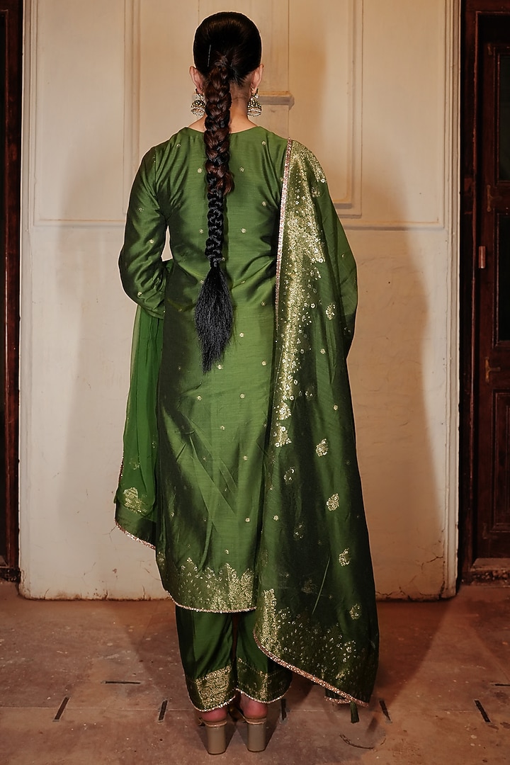Forest Green Vegan Silk Printed Party Wear Anarkali Set by Safaa at Pernia's Pop Up Shop