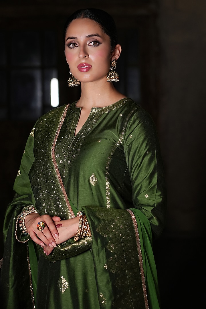 Forest Green Vegan Silk Printed Party Wear Anarkali Set by Safaa at Pernia's Pop Up Shop