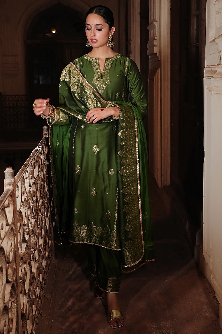 Forest Green Vegan Silk Printed Party Wear Anarkali Set by Safaa at Pernia's Pop Up Shop